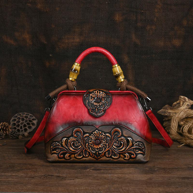 Retro Women's Embossed Crossbody Bag - European and American Style, Spliced Design, Handmade Color Rubbing Handbag