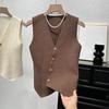 Летний французский ретро нерегулярный однобортный трикотажный жилет без рукавов с V-образным вырезом и приталенным силуэтом для женщин