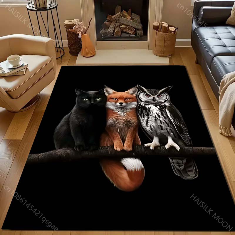 Black Cat Fox Owl Print Carpet for Bedroom Living Room Bedside Sofa Floor Mat Modern Home Decor Area Rug Large Size