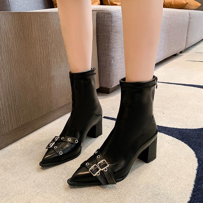 Осенние новые массивные одинарные ботинки женские модные заостренные металлические пряжки молния сзади нескользящие удобные короткие ботинки