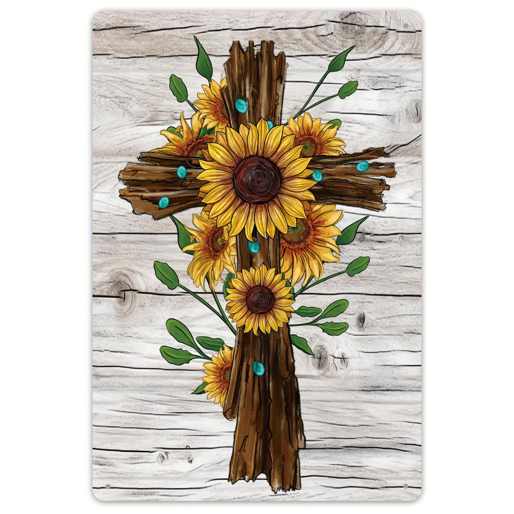 Retro SunflowerThemed Wooden Cross Metal Sign  xcm  Vintage Tin Wall Art for Garage Man Cave  Home Decor