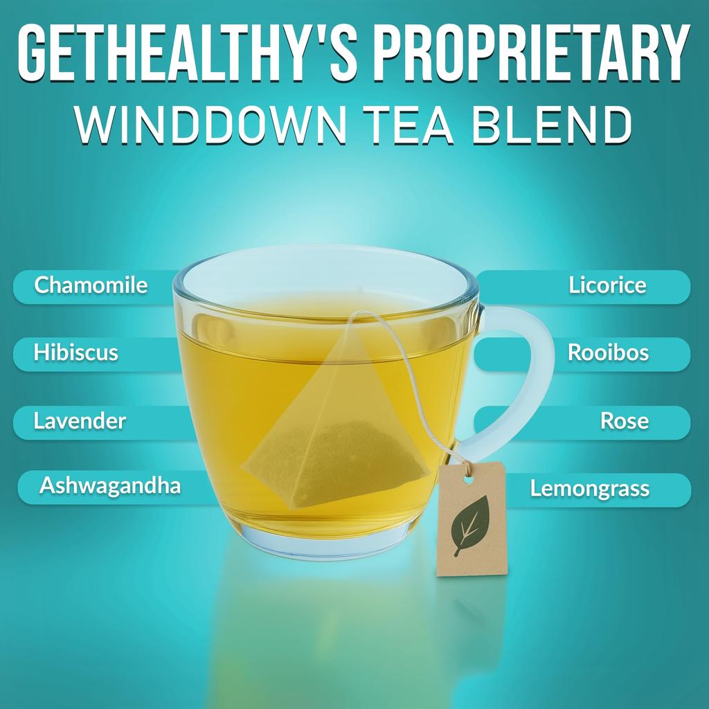GetHealthy® WindDown Tea™ for Sleep | Caffeine Free Bedtime Herbal Blend with Chamomile, Ashwagandha & Lavender | Relaxing Sleep Tea for Nig