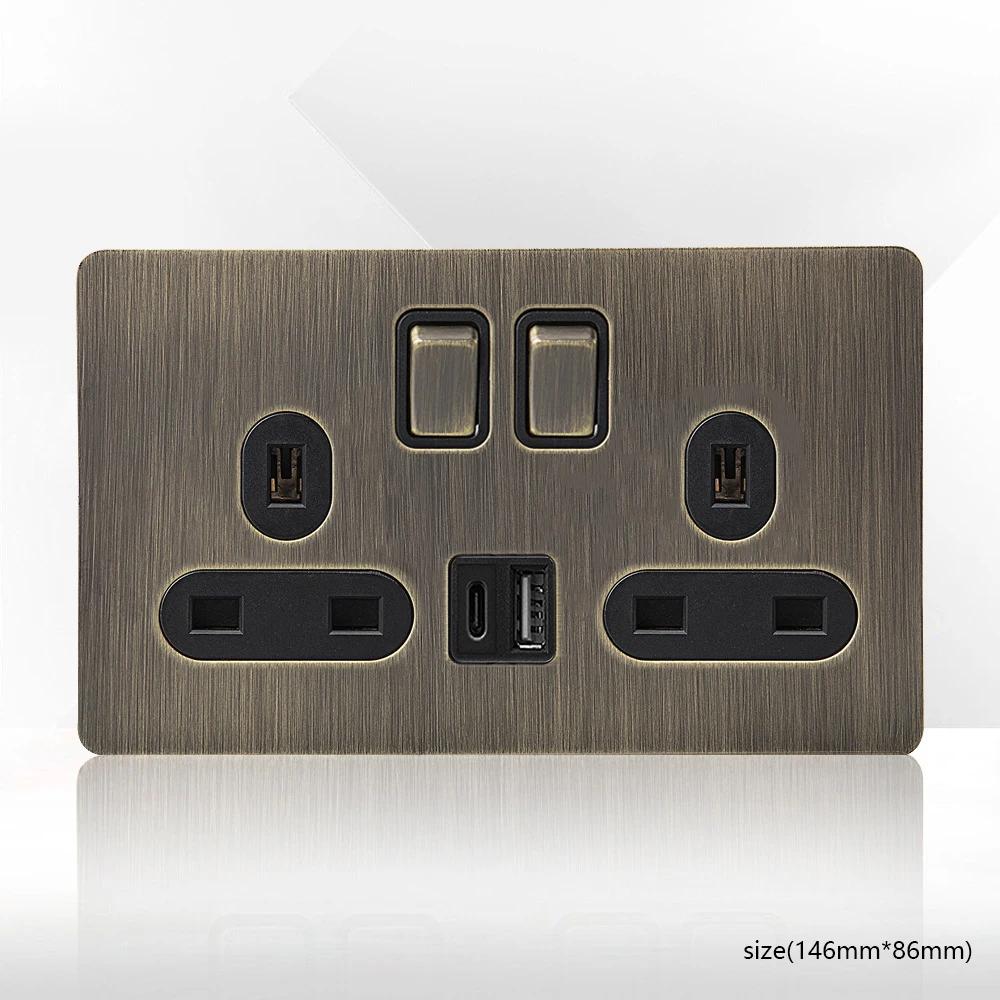 Ретро ЕС FR металлическая панель настенный выключатель света розетка вилка, бронзовая антикварная нержавеющая сталь немецкая розетка 16А с зарядкой USB