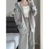 Women's Grey Hoodie & Wide-Leg Pants Set - Casual Autumn/Winter Two-Piece with Cardigan Jacket Trend