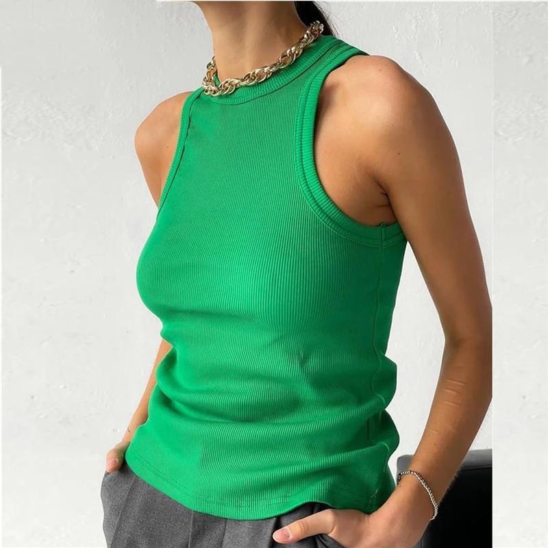 Ribbed Knitted Tops Neck Summer Basic Shirts White Black Casual Sport Vest Off Shoulder Green Women's Tank Top