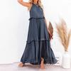 Women Vacation Dress Ruffle Off Shoulder Sleeveless Halter Neck Patchwork A-line Loose Pleated Side Pockets Solid Color Cake Hem Maxi Dress