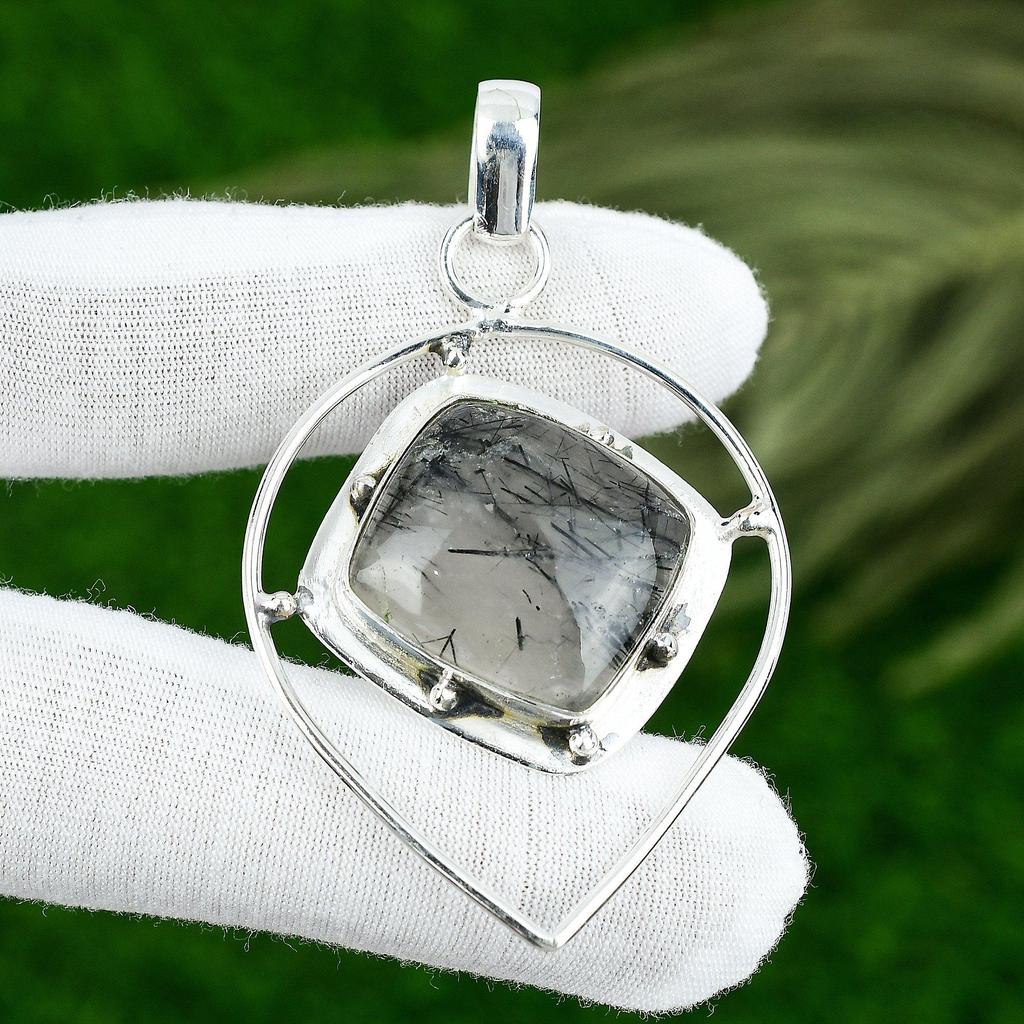 Natural Black Rutile Gemstone Pendant 925 Sterling Silver Indian Jewelry