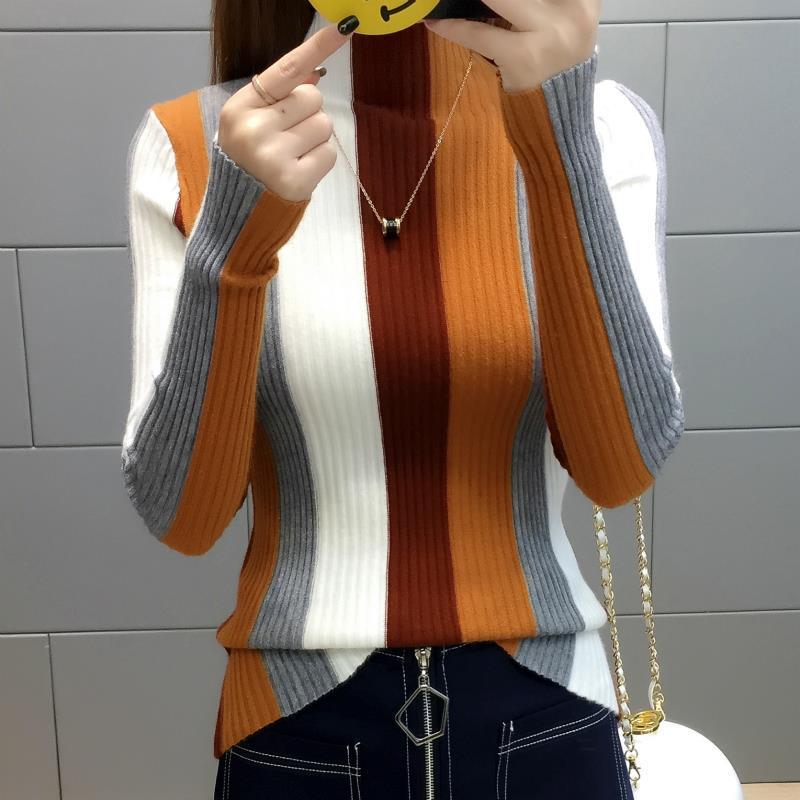 Striped Sweater Contrast Color Women Knit Pullovers Autumn Winter Long-sleeve Knitwear Ladies Turtleneck Sweater Casual Tops