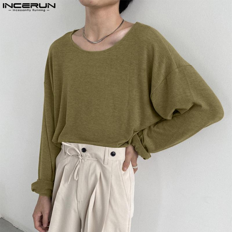 INCERUN Men Round Neck Long Sleeve Solid Color Comfy Thin Tops T-shirts