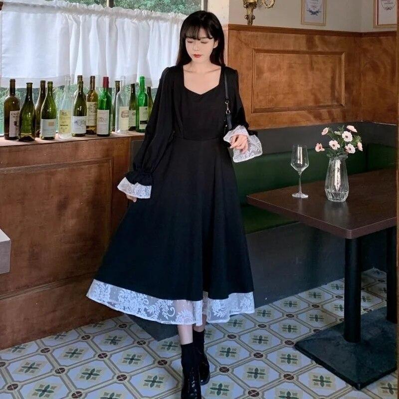Платье с длинным рукавом, женское элегантное черное универсальное весеннее платье с квадратным воротником, винтажная повязка Хепберн, лоскутный дизайн