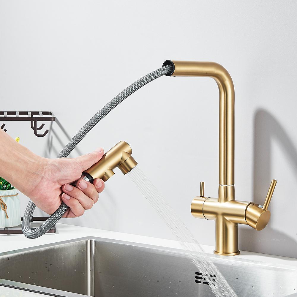 Kitchen Pull-out Filtered Faucet Black Brass Purifier Faucet 360 Rotation Dual Sprayer Drinking Water Tap Vessel Sink Mixer Tap