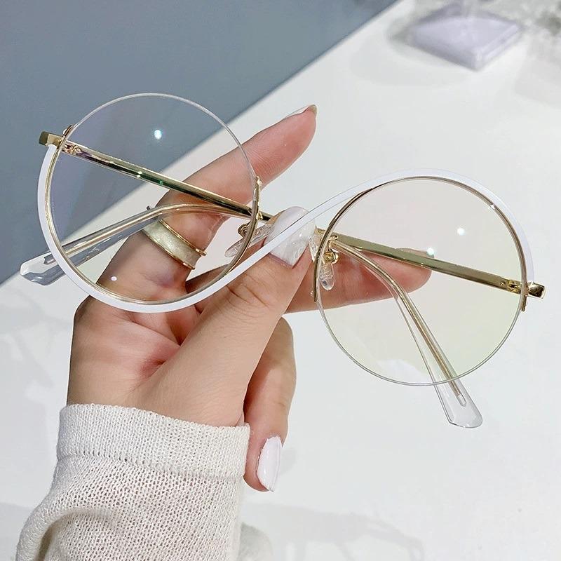 Round Semi-Rimless S Shape Glasses Women Eyeglasses Big Frame Clear Lens Optical Eyewear Men Vintage Anti-Blue Light Computer Eyeglass