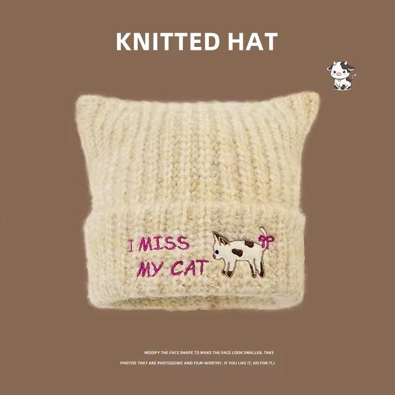Cat ears knitted hat children winter warm ear protection hat bag head cold hat showing face small wool hat big head circumference hat
