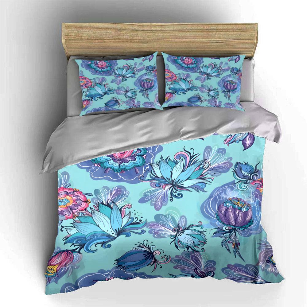 Dreamy Blue and Purple Floral Pattern Print Bedding Set 1 Duvet Cover 2 Pillowcases for Adult and Children Luxury Gift Full Size