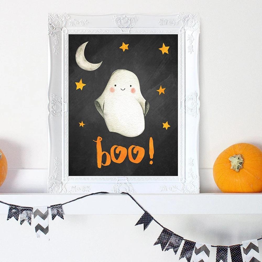 Halloween Wall Art Poster Print Pumpkin Cartoon Cute Skull Ghost Quote Canvas Painting Picture For Kids Living Room Home Decor