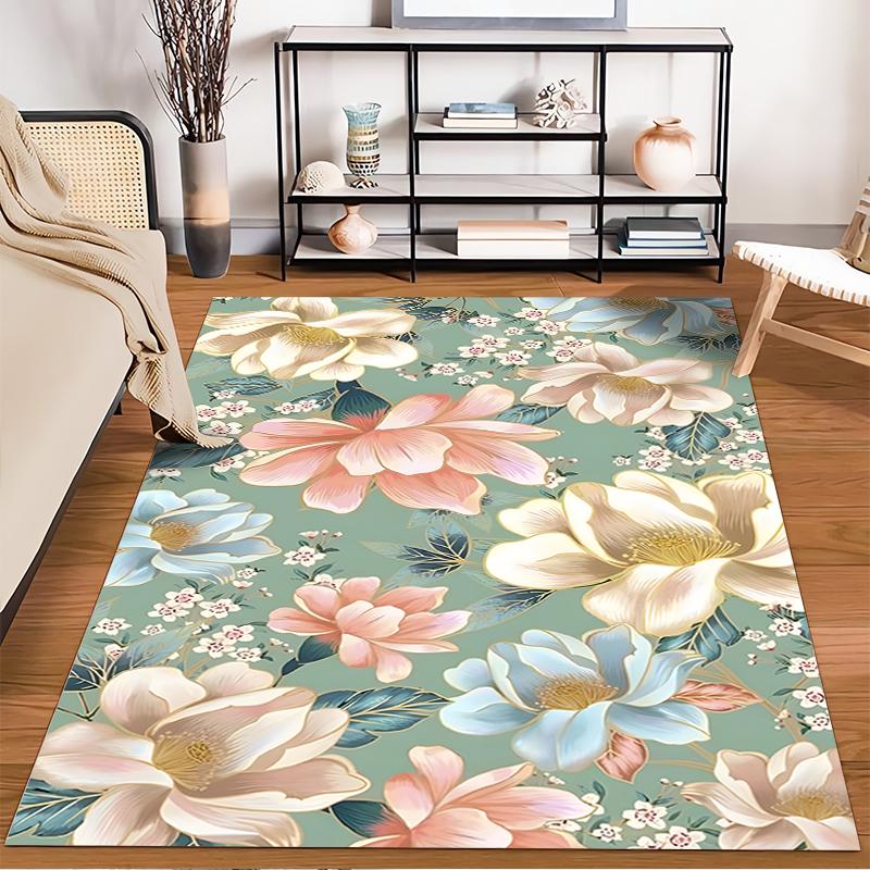 Floral pattern rug with pastel blossoms Non-slip rug suitable for living room and bedroom sofas