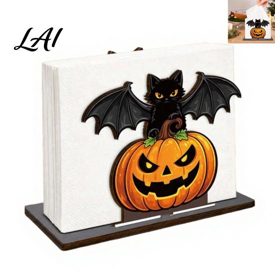 Wooden Tissue Dispenser Halloween Napkin Holder for Table Pumpkin Black Cat Bat Kitchen Accessories Standing Dispenser Paper Towel Stand Holiday