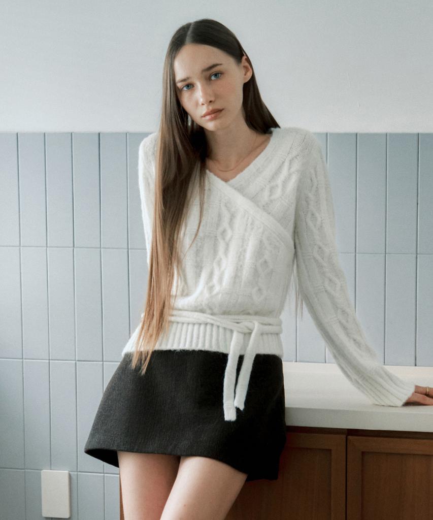 MONGDOL Asymmetrical Cable Wrap Knit Top Ivory Mdkt114Ivory