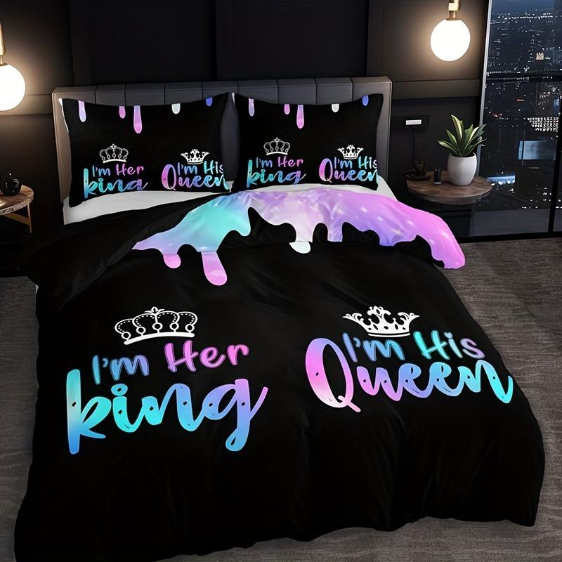 3-Piece Crown Letter Duvet Cover Set With 1 Duvet Cover And 2 Pillowcases Soft Breathable Hd Printing Bedding For Home And Dorm