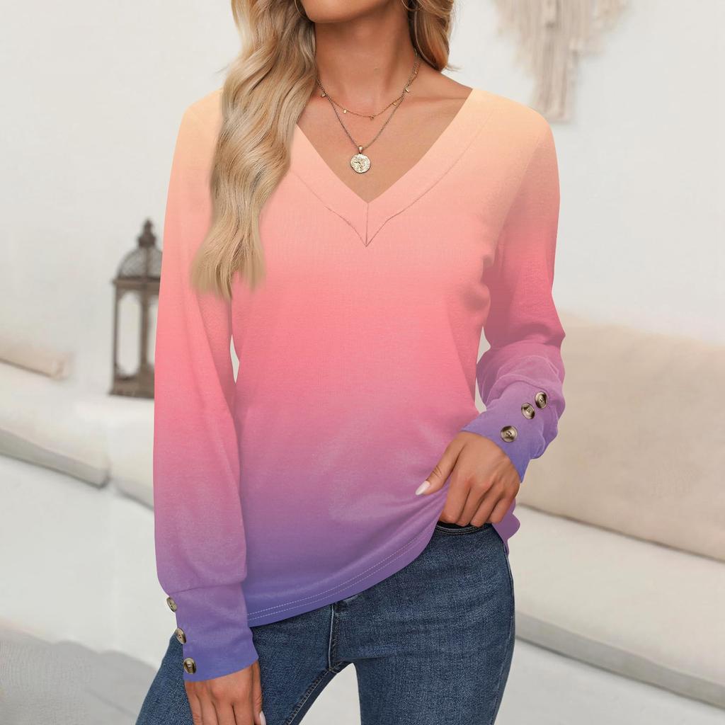 Women's Tops Gradient Printed Long Sleeve Shirt V Neck Casual Loose T-Shirt Autumn Clothing