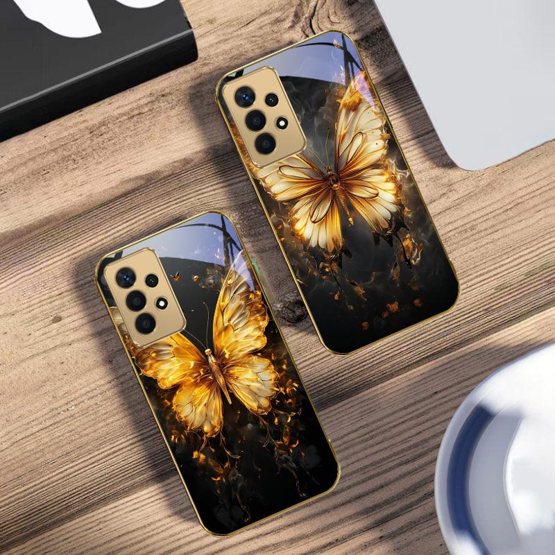 Теплая бабочка с пламенем для Samsung A 01 52S A04 A05S A10 A12 13 22 23 24 36 42 M02 Note 10 20Ultra 8 9 Золотой стеклянный чехол для телефона