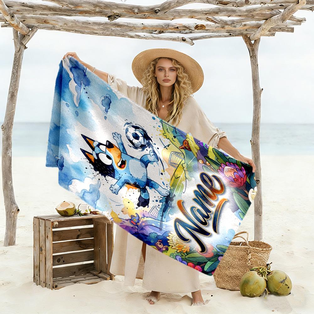 Bluey Soccer Adventure Customizable Name Beach Towel High Absorbency & Quick-Dry Suitable for Sports Travel Swimming Yoga Bathroom Beach And Pool