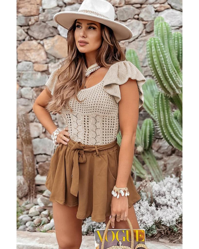 Azura Exchange Beige Pointelle Knit Flutter Sleeve Sweater