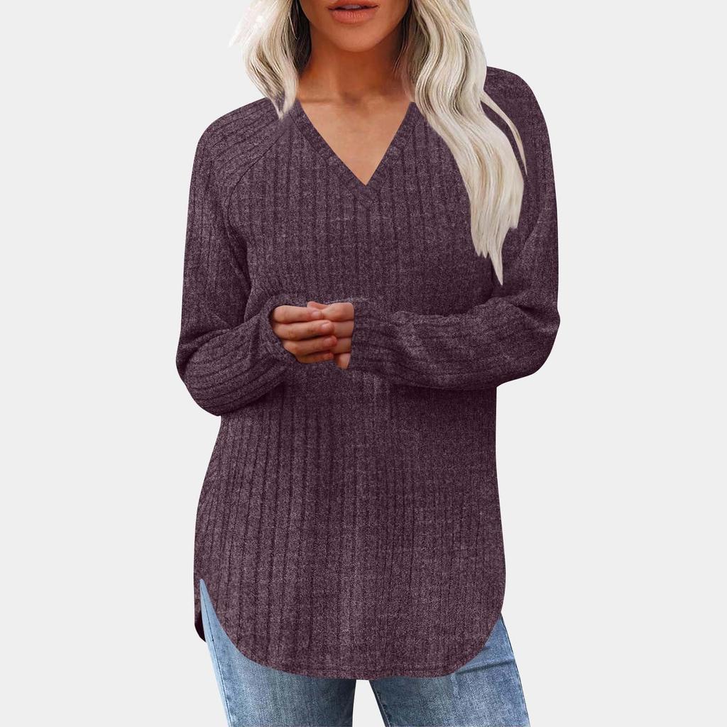 Women's Fashion Loose-Fit Long-Sleeved Knitted T-Shirt In Solid Colour Top
