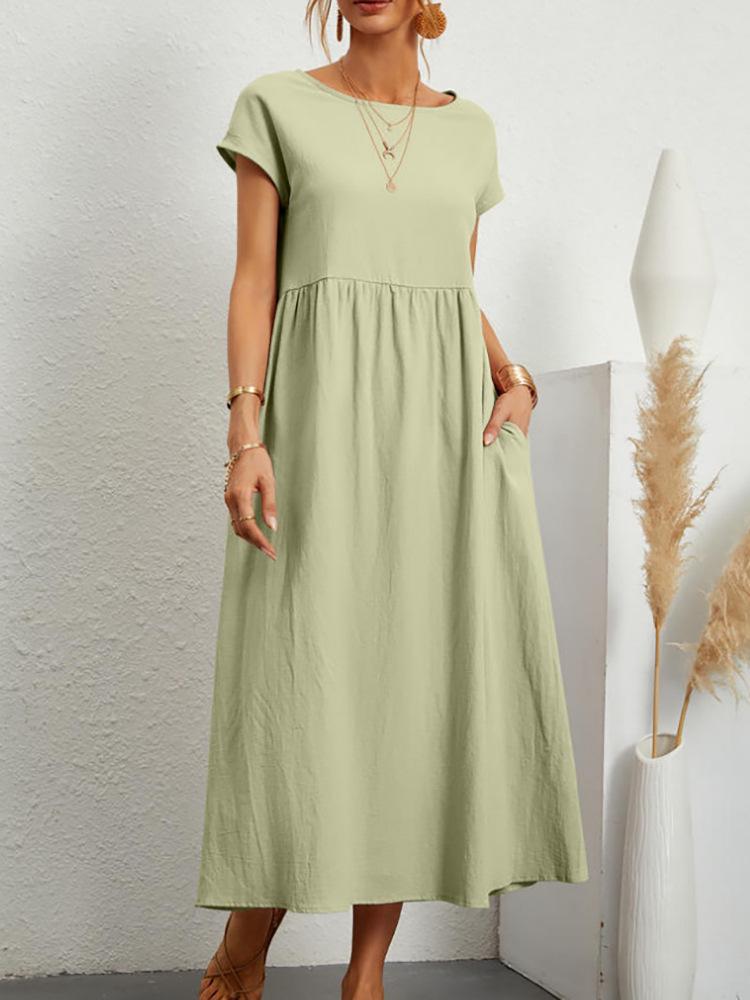 European & American Solid Color Sleeveless Loose Cotton Linen Pocket Dress 2024 In Stock
