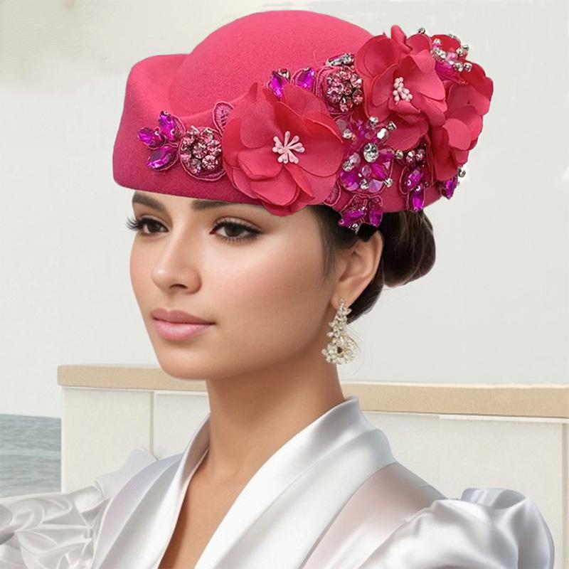 1PC Turban Hat Church Stewardess Hat Party Beanie Cap With Flower Beret Caps Vintage Felt Soft Airline Women