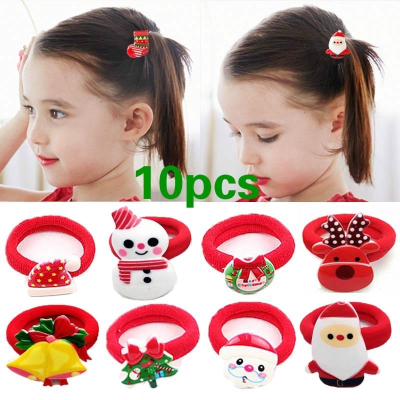 10 шт. модные популярные рождественские повязки для волос для девочек, елка, Санта, колокольчик, снеговик, эластичные косички, аксессуары, случайный стиль