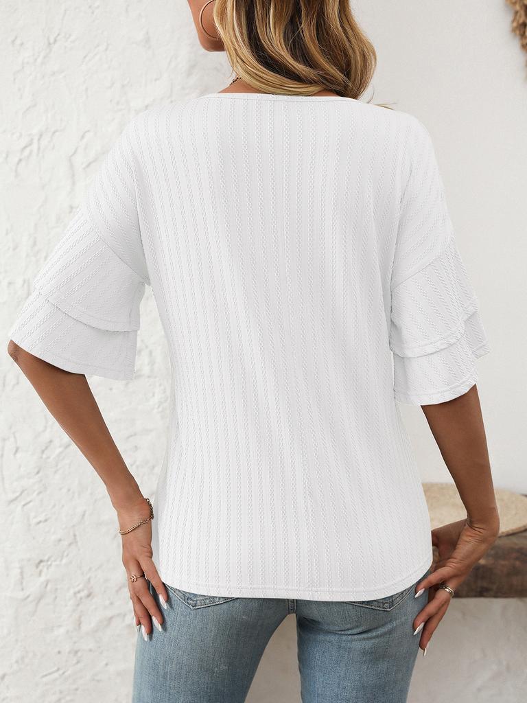 Women's 2025 V-Neck Ruffled Sleeve Short Sleeve T-Shirt, Solid Color Casual Summer Blouse with Flowy Hem for Daily & Vacation Outfits