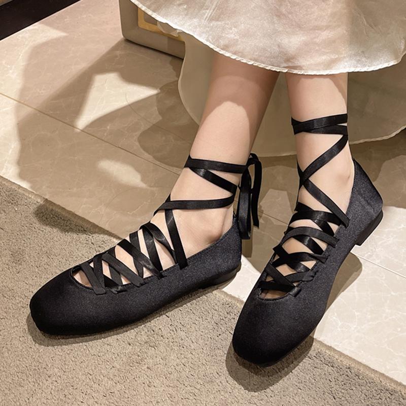 Square Toe Shallow Women Ballet Dance Shoes Elegant Lace Up Soft Winter Shoes 2025 Trend Designer Dress New Chaussures Ladies
