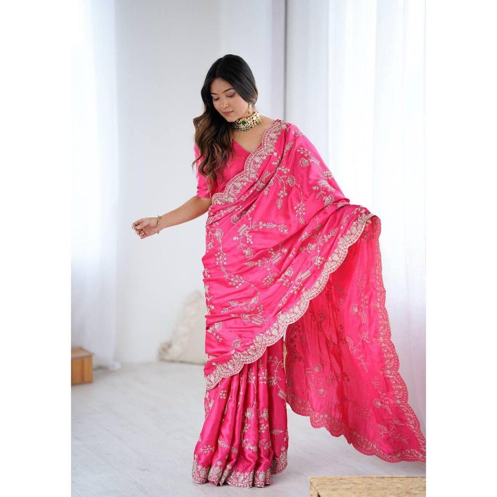 New Launch – Luxury Japan Satin Silk Saree with Coding & Sequins Embroidery Work