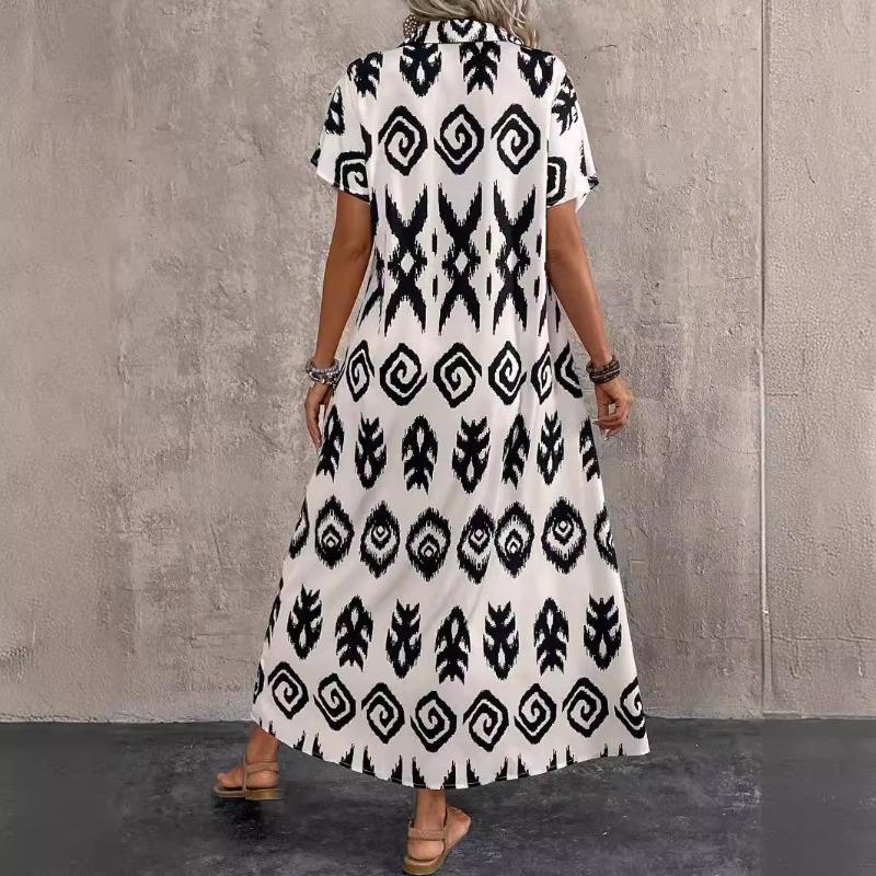 Летнее элегантное женское платье с разрезом и геометрическим принтом, длинное платье-рубашка