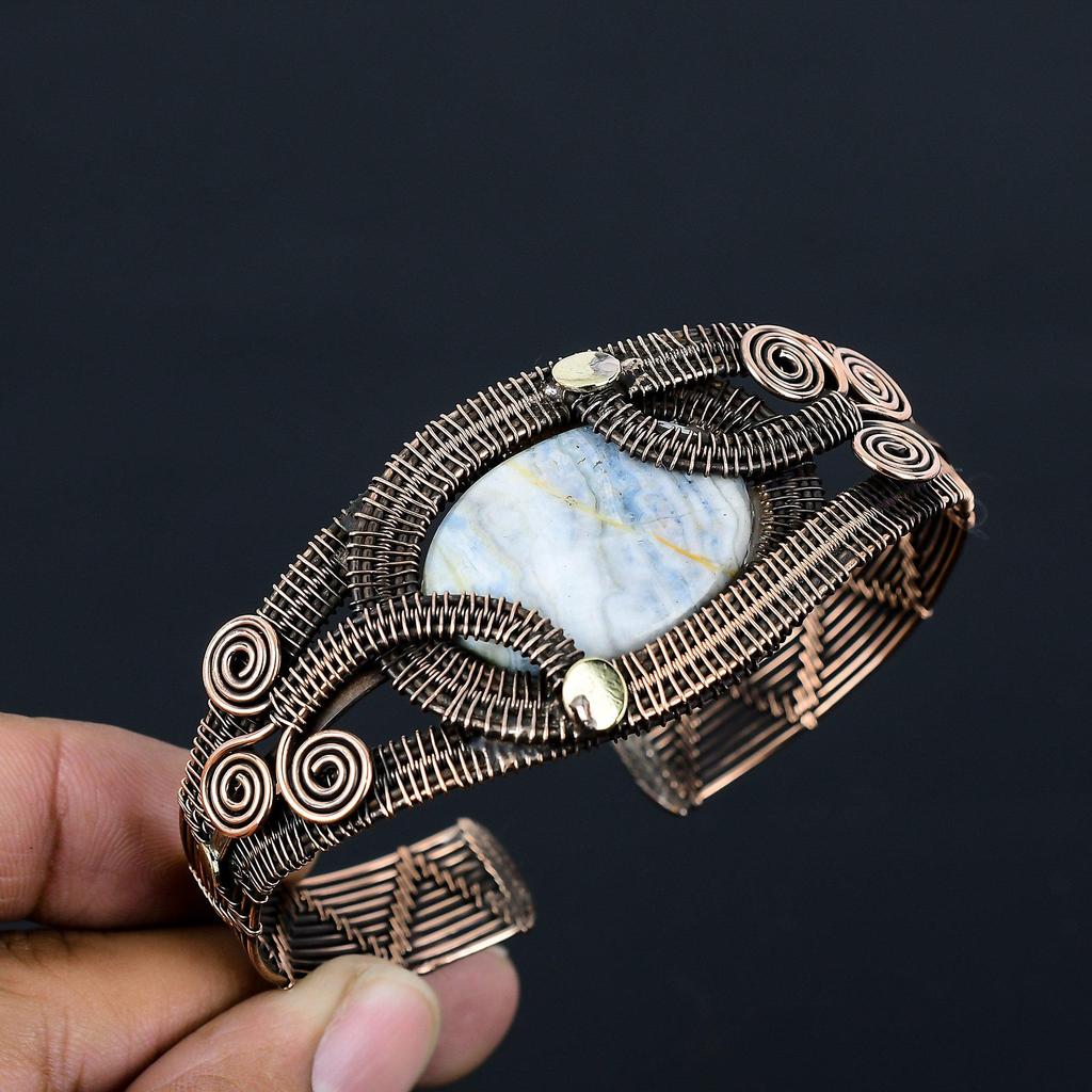 Owyhee Opal Gemstone Pure Copper Wire Wrapped Handmade Cuff/Bangle Jewelry