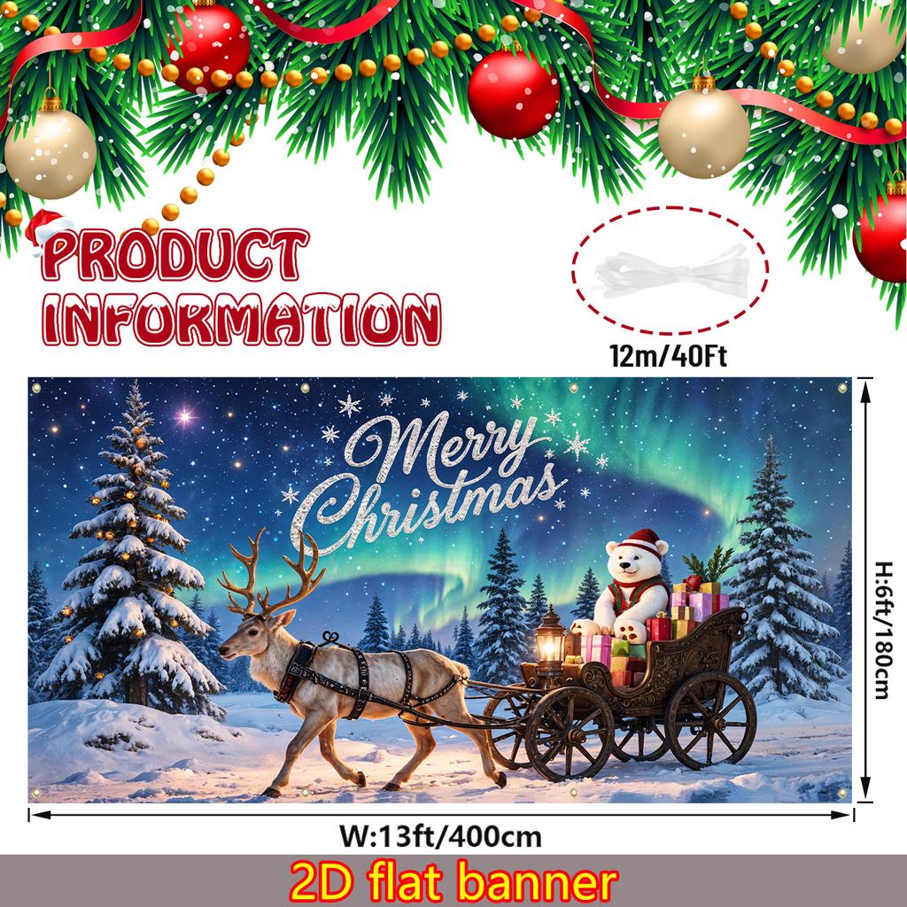 2D Flat Large Christmas Background Banner Aurora Snow Reindeer and Christmas Gifts Car and Horse Scene Decoration
