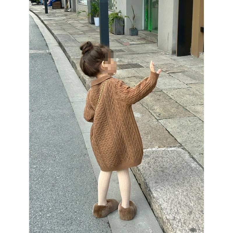 Универсальное шерстяное платье в иностранном стиле для девочек на осень и зиму, новое длинное платье-свитер кофейного цвета для маленьких девочек в иностранном стиле