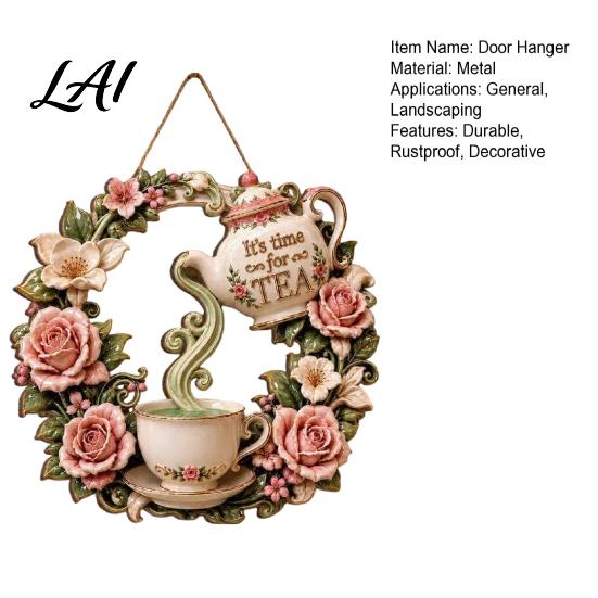 Garden Gift for Family It's Time Metal Floral Sign Tea Door Wreath Hanger with Teapot Teacup Design Weatherproof Yard Ornaments Rustic Wall