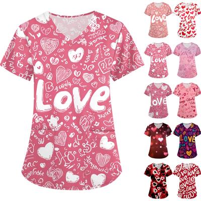 Женская свободная униформа/униформа с принтом ко Дню святого Валентина, V-образным вырезом, карманом и короткими рукавами