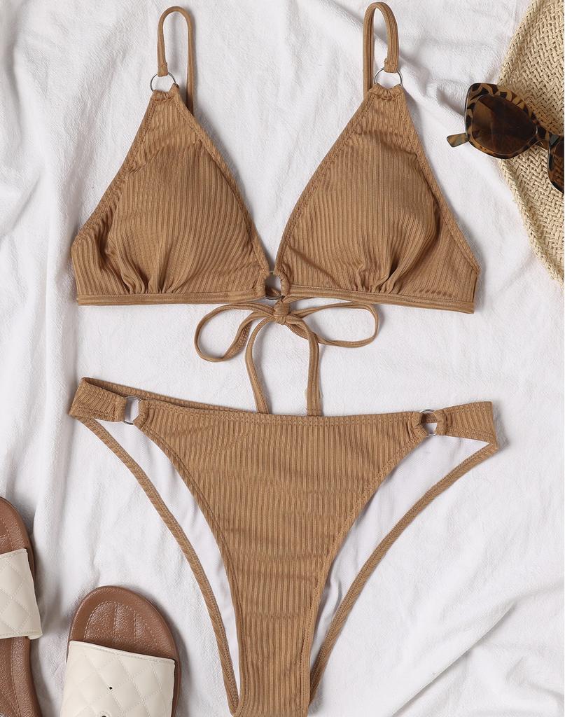 Женский купальник, однотонный купальник с треугольными чашечками и V-образным вырезом, сексуальный бикини с завязками на спине, пляжная одежда, купальные костюмы