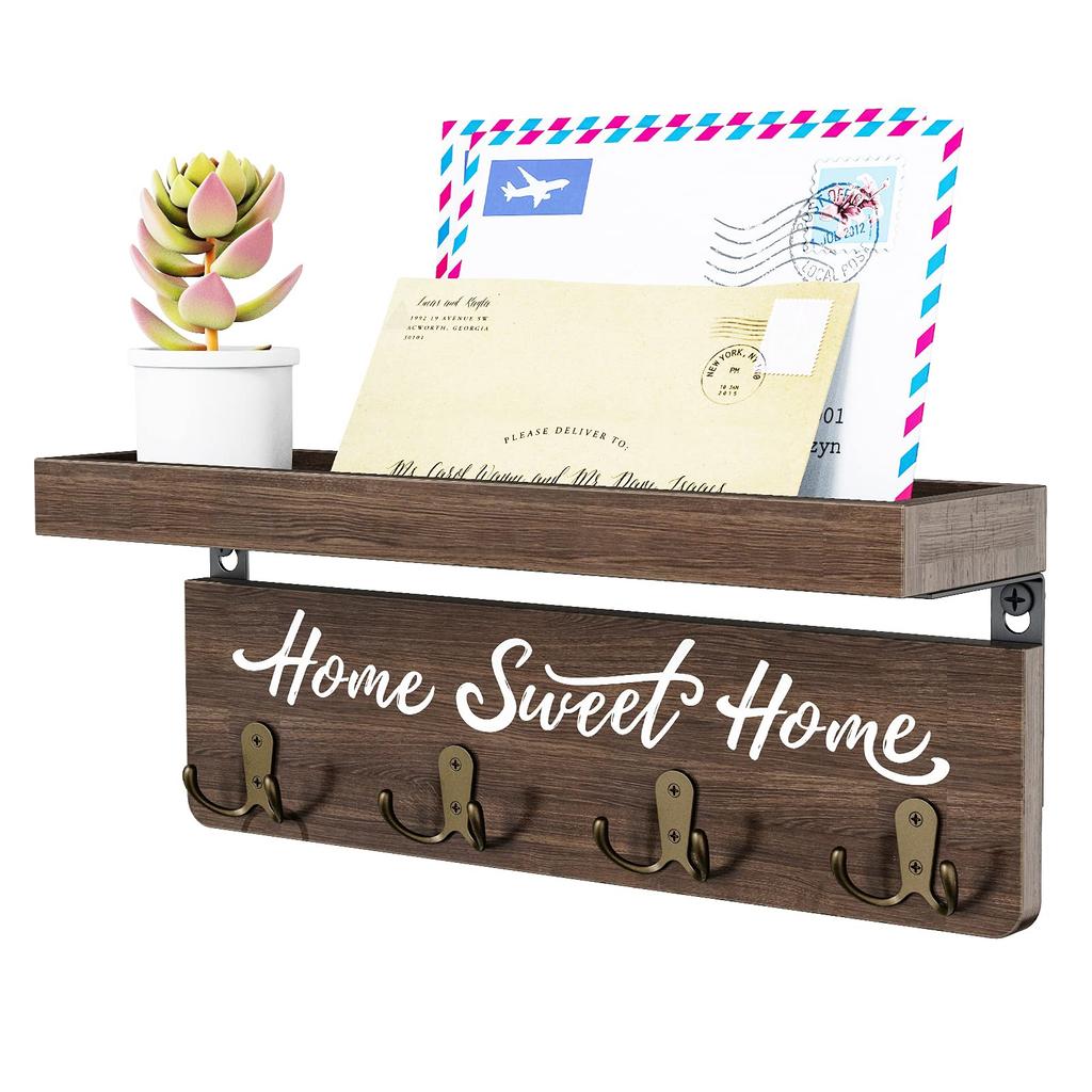 Wooden Key Holder for Wall with Shelf Home Entryway Decorative Key Hanger for Wall with 4 Double Key Hooks and Mail Organizer