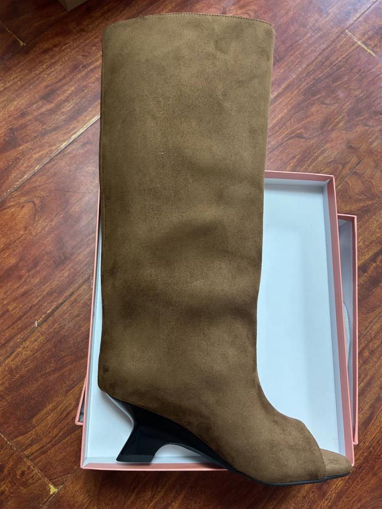 Женские туфли с открытым носком на толстом высоком каблуке, ботфорты до колена, крутые ботинки на скошенном каблуке, модный показ, большой размер, весенне-летние женские ботинки