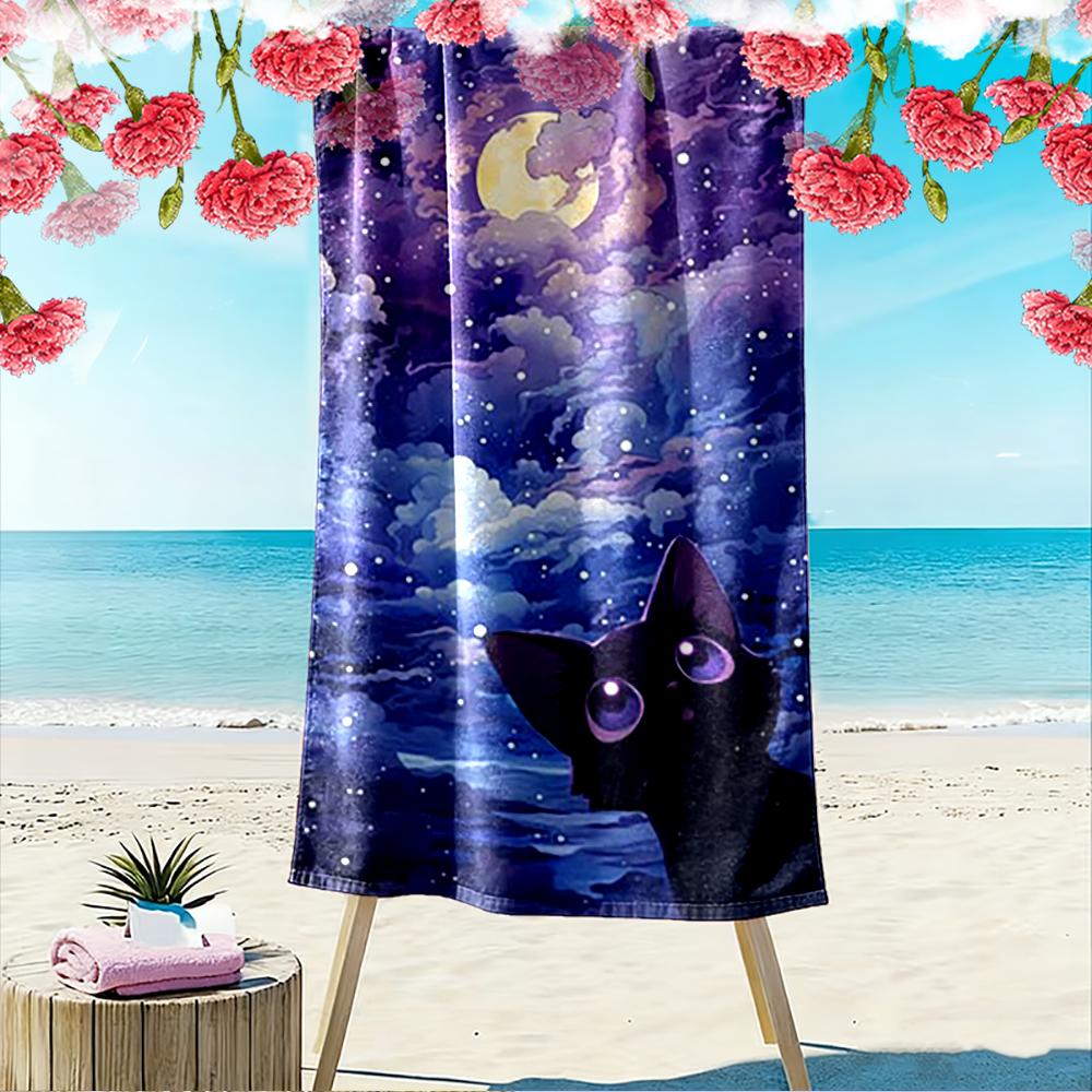 Black Cat Under Starry Night Sky Beach towel quick-drying for travel outdoor sports jogging beach and swimming