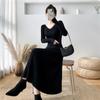 JulyPalette Solid Knitted Dress  Fall Winter V-neck Slim Long Sleeve Dress Elegant Ladies Black Midi-length Sweater Dresses