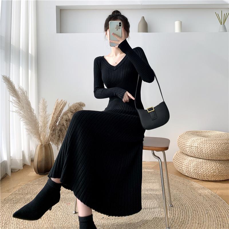 JulyPalette Solid Knitted Dress Fall Winter V-neck Slim Long Sleeve Dress Elegant Ladies Black Midi-length Sweater Dresses