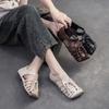 Square Toe Woven Roman Shoes Breathable Hollow Vintage Genuine Leather Sandals Soft Soled Women's Shoes