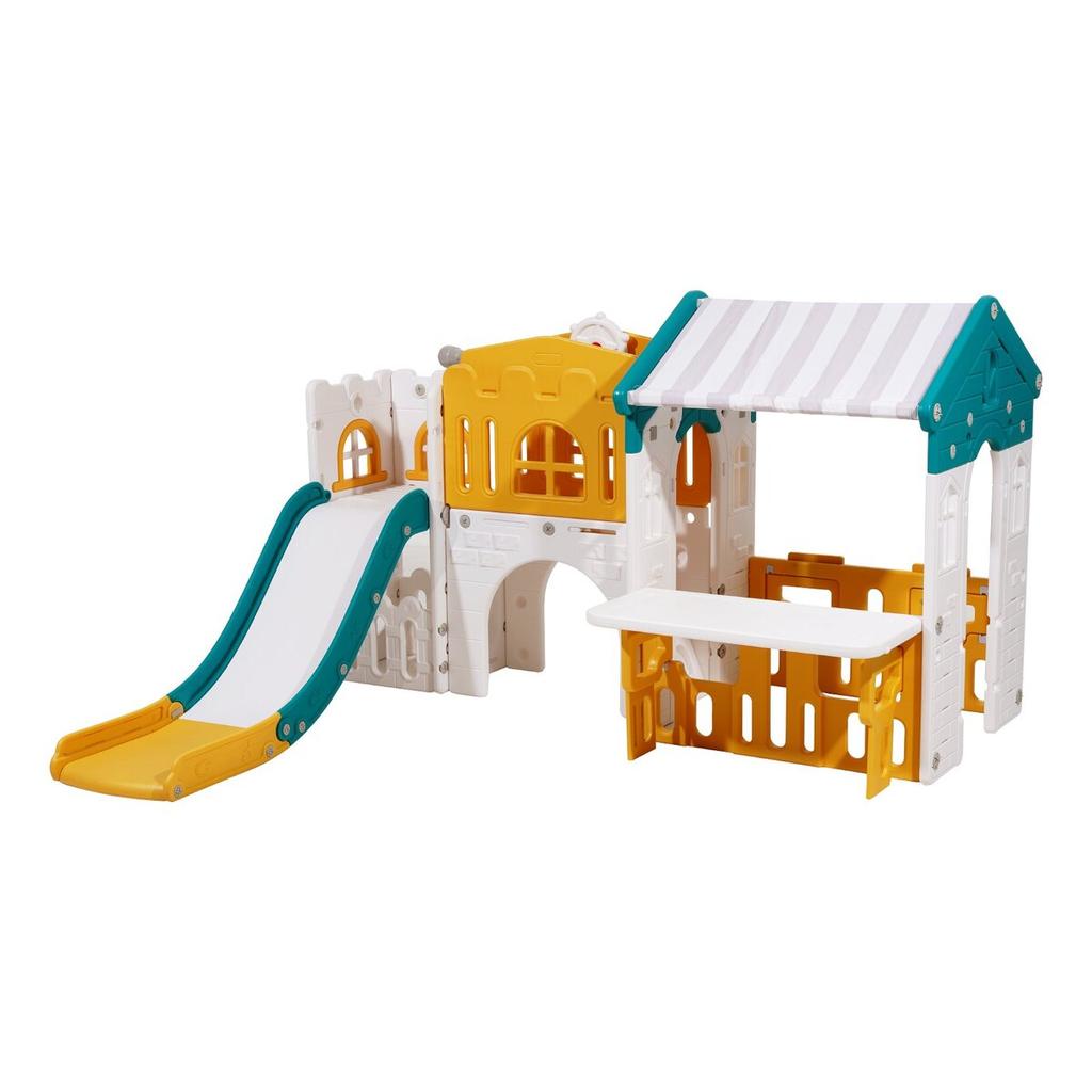Outdoor Playhouse, Versatile Toddler Playground with Slide, Basketball, Telescope, Steering Wheel, Crawling Tunnel, Sales Window, Toddler Playset for