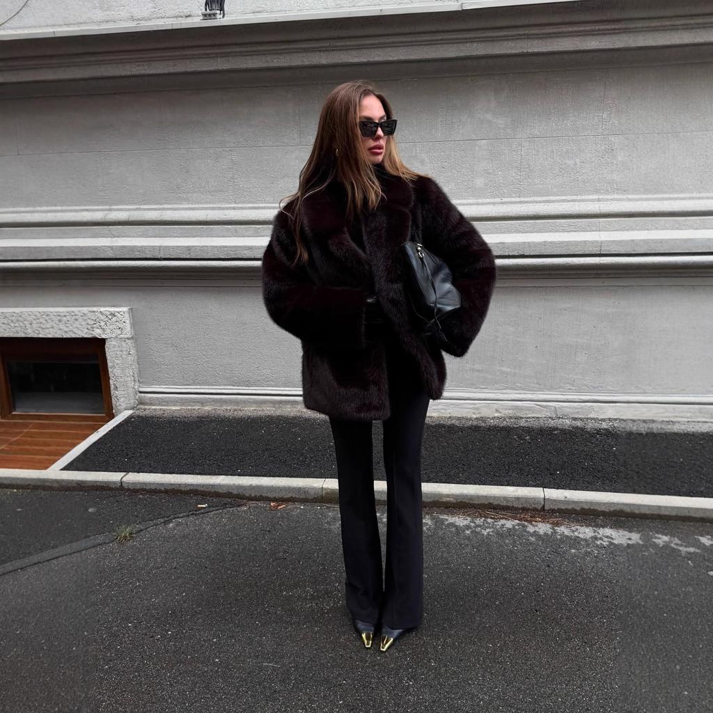 Women's Lapel Collar Long Sleeve Faux Fur Jacket Loose Casual Dark Brown Winter Coat