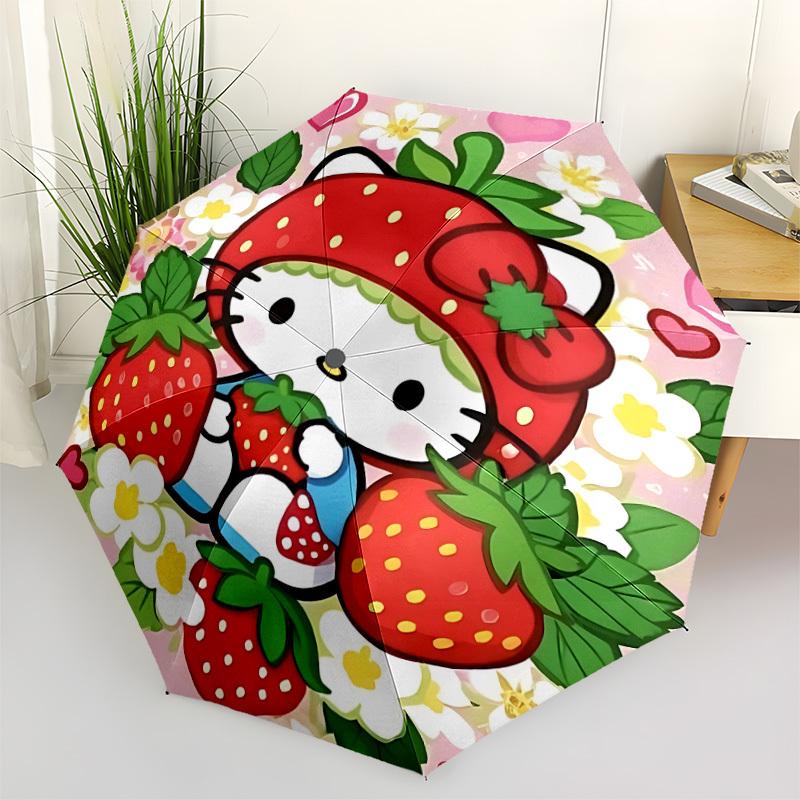 1pc Strawberry Hello Kitty Automatic Open/close Umbrella, Portable Travel Umbrella, Everyday Use - Outdoor Accessory, Artistic Pattern, Compact Design